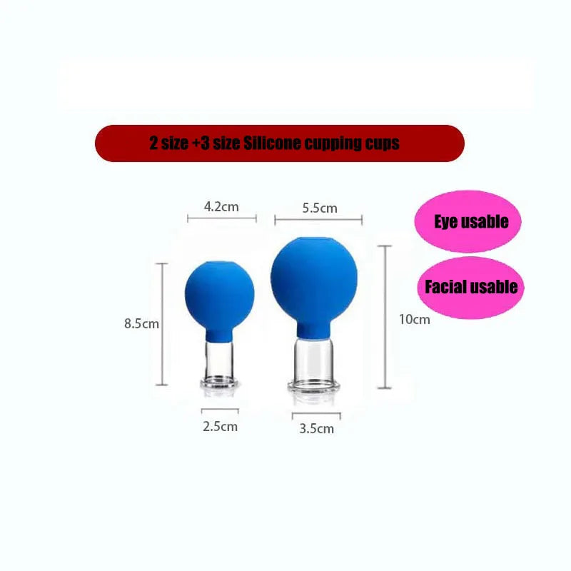 Two blue silicone and glass facial cupping tools of different sizes with measurement labels shown on a white background.