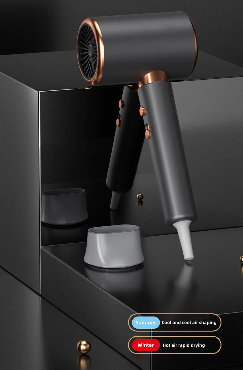 Grey 2400W high-speed hair dryer with rose gold accents, included styling nozzle, and negative ion technology.