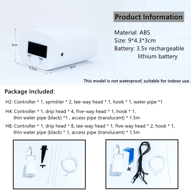 White watering controller product info card with dimensions and battery details