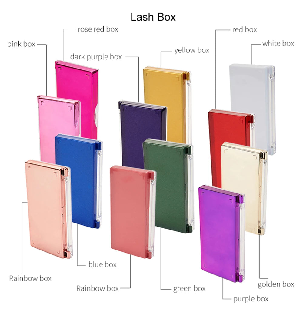 Group of colorful, rectangular plastic eyelash extension storage cases in various metallic and solid finishes.