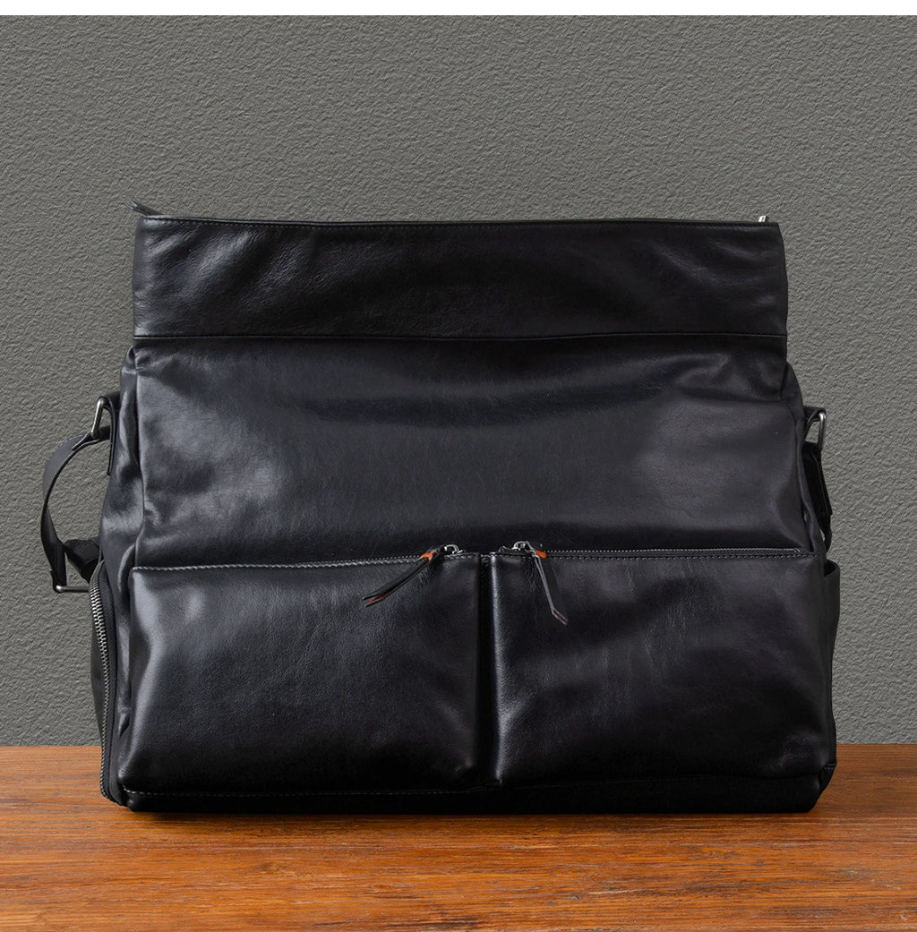 Retro Designer Men New Black Cowskin Genuine Leather Travel Bag Big Capacity Casual Tote Handbag Single Shoulder Crossbody Bag