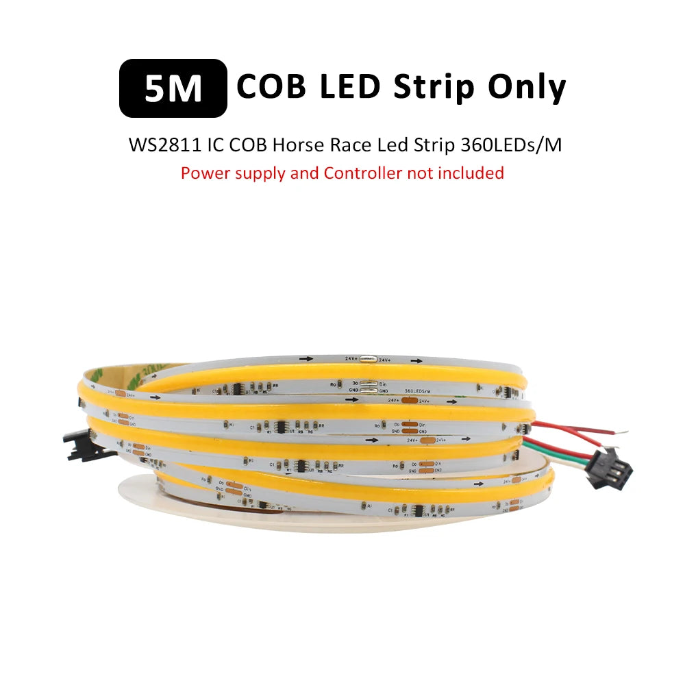 WS2811 COB LED strip light, 5M strip only with connectors (power supply and controller omitted)