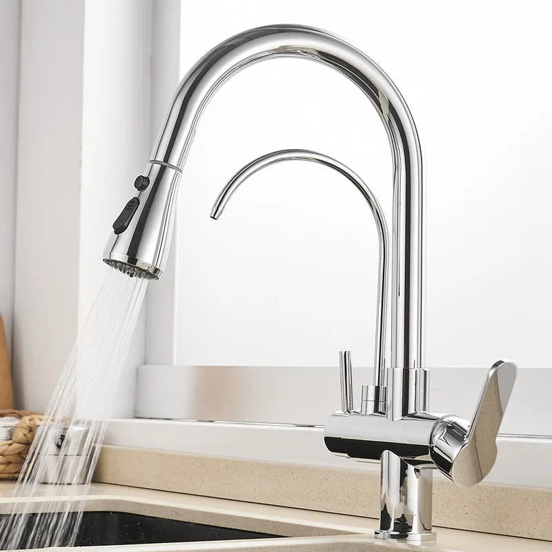 White Hot Cold Filter Kitchen Sink Faucets 3 Ways Pure Water Pull Out Kitchen Sink Mixer Tap Brass Filter Kitchen Sink Faucet