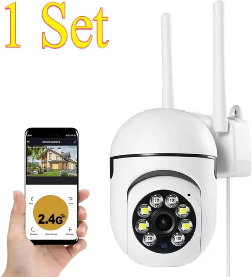 White PTZ security camera with two antennas and dome lens, handheld app display nearby