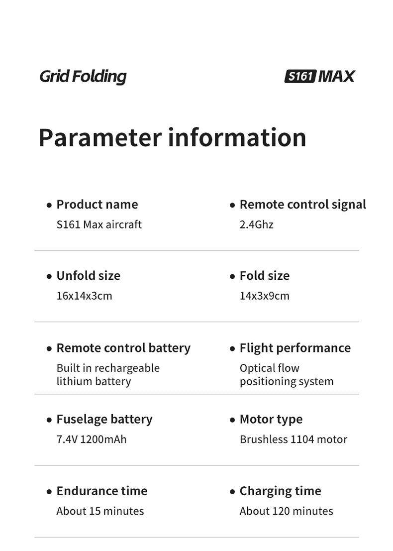 Technical specifications table for S161 Max foldable drone, detailing dimensions, battery, and flight performance.