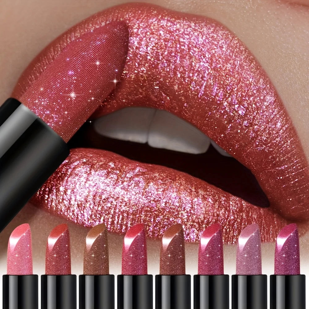 Pearly metallic lipstick with glitter shimmer finish, creamy texture, and high color payoff for a smooth party makeup look.