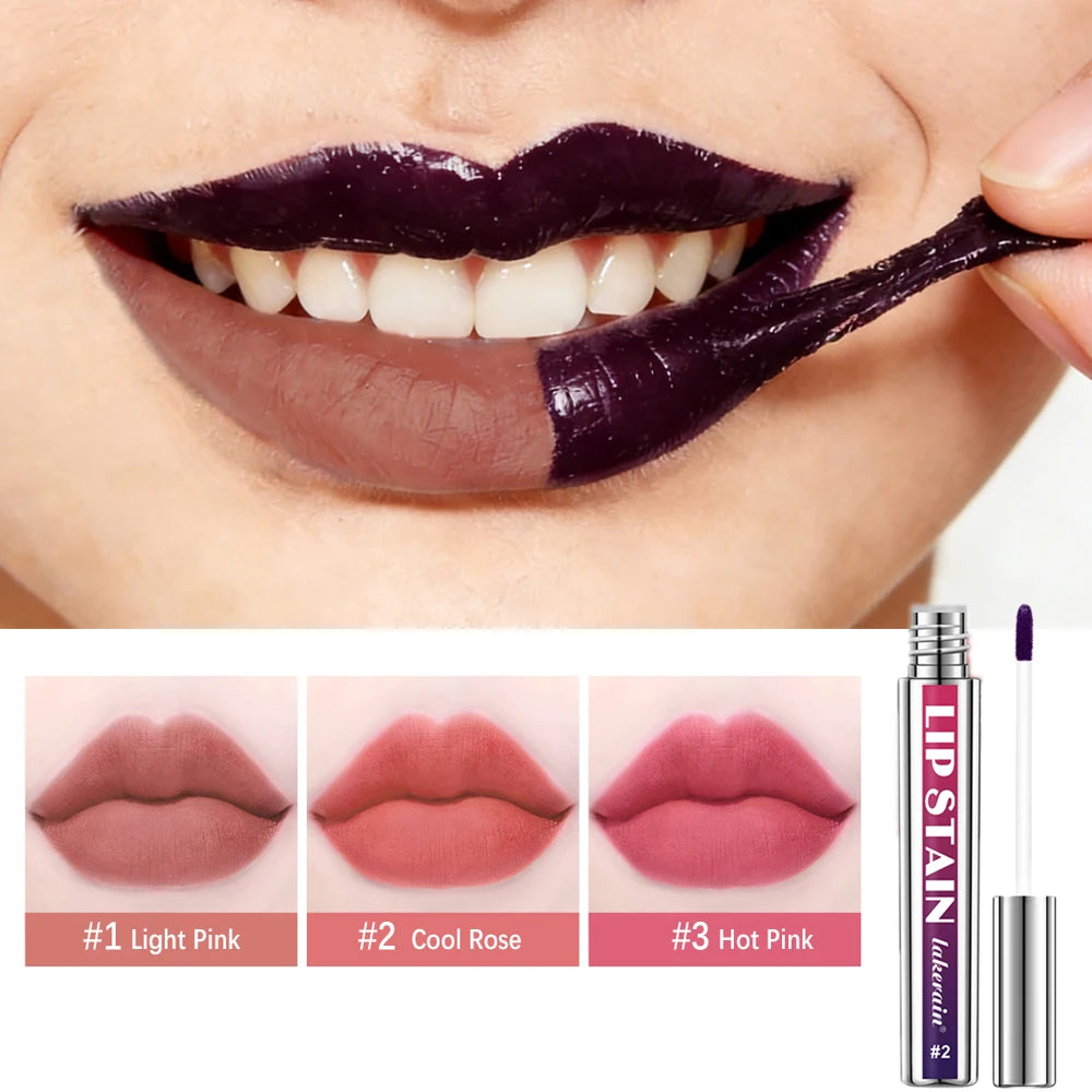Waterproof peel-off lip stain, long-lasting pink tint in three matte shades, showing application and color results.