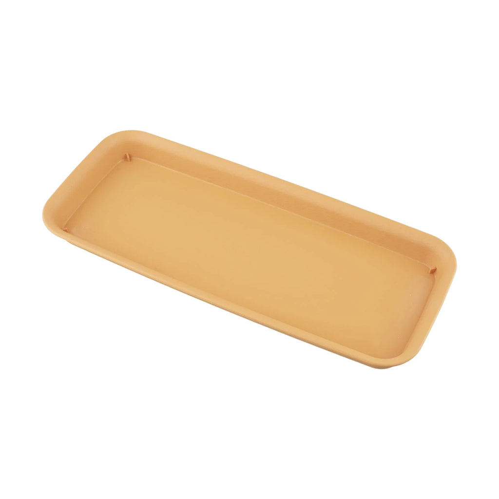 Rectangular beige plastic plant water tray, side angle view