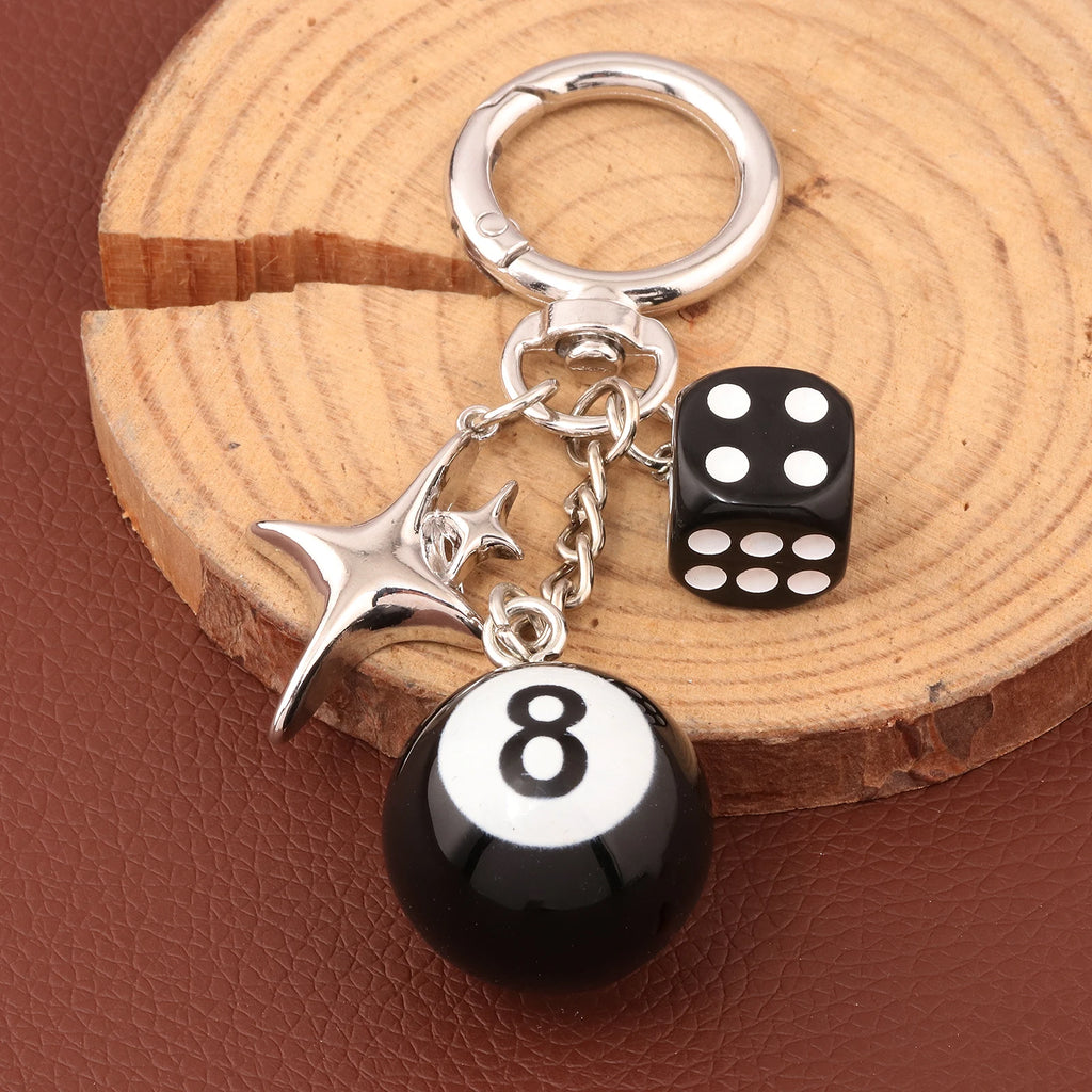 Punk Hiphop Black Dice No. 8 Billiards Keychain Y2K Pink Lucky Dice Starburst Pendant Bag Charms Hangings Ornament Accessories