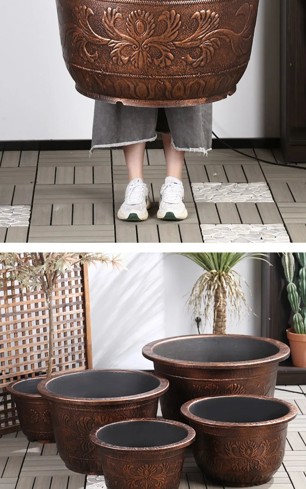 Resin Lotus Planter Pot Large 7.5L Capacity Water Reservoir Planter 19cm Height Copper Bronze Retro Flower Pot Home Gardening