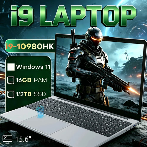 Silver 15.6-inch gaming laptop with black backlit keyboard, trackpad, fingerprint sensor icon, and side ports.