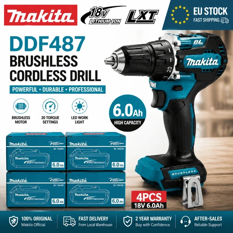 Original Makita 18V Cordless Drill Brushless High Torque Electric Drill DDF487 + Battery Pack BL1860B BL1840 DIY Professional Tool EU Fast Shipping