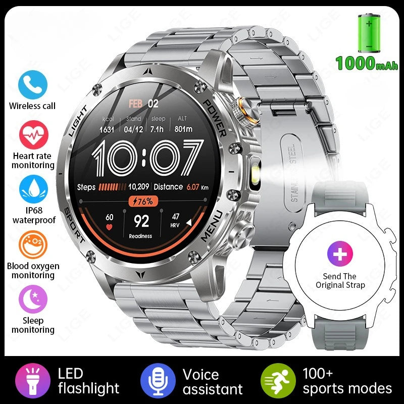 Men's silver smartwatch with metal link bracelet and round digital display