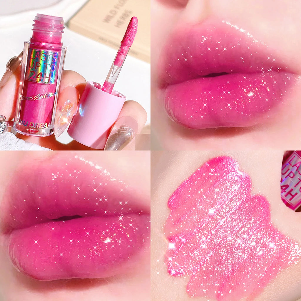 Long-lasting pink glitter lip glaze with a high-shine, waterproof, hydrating liquid formula for sparkly lips.