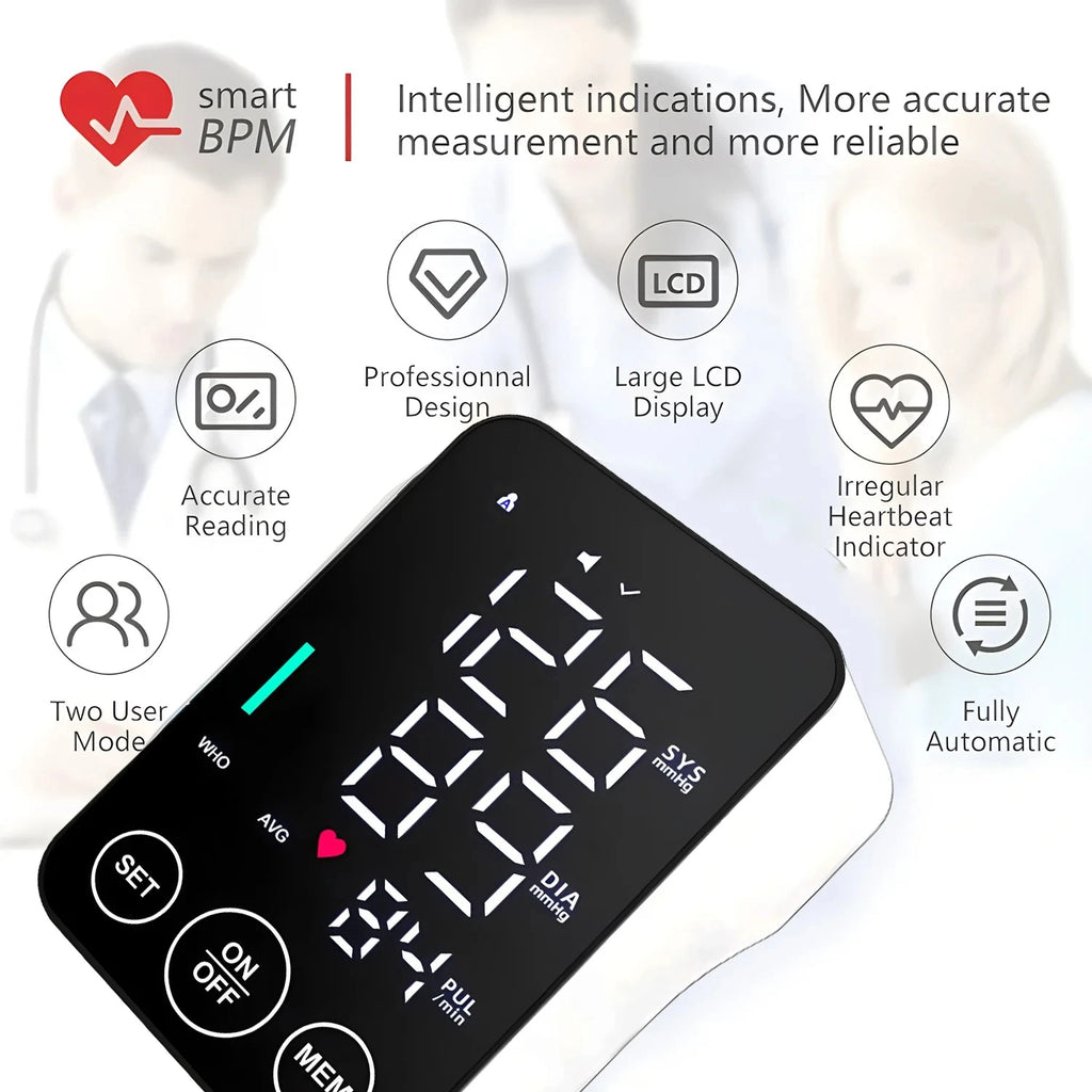 Spanish Voice Medical Digital Lcd Upper Arm Blood Pressure Monitor Cuffs Home Heart Rate Meter Tonometers Large Cuff Automatic