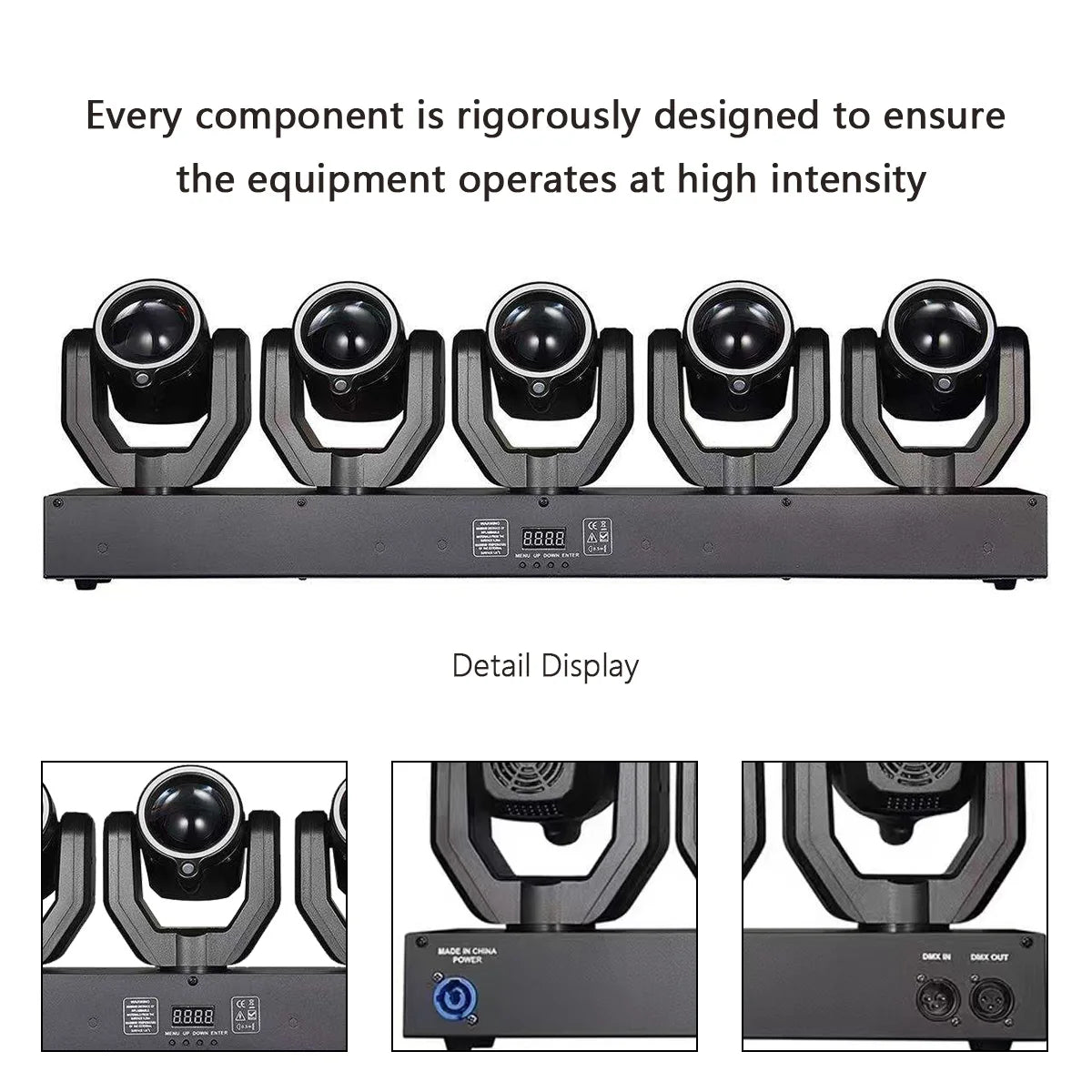 Black five-head moving head beam light set with front display and adjustable yokes