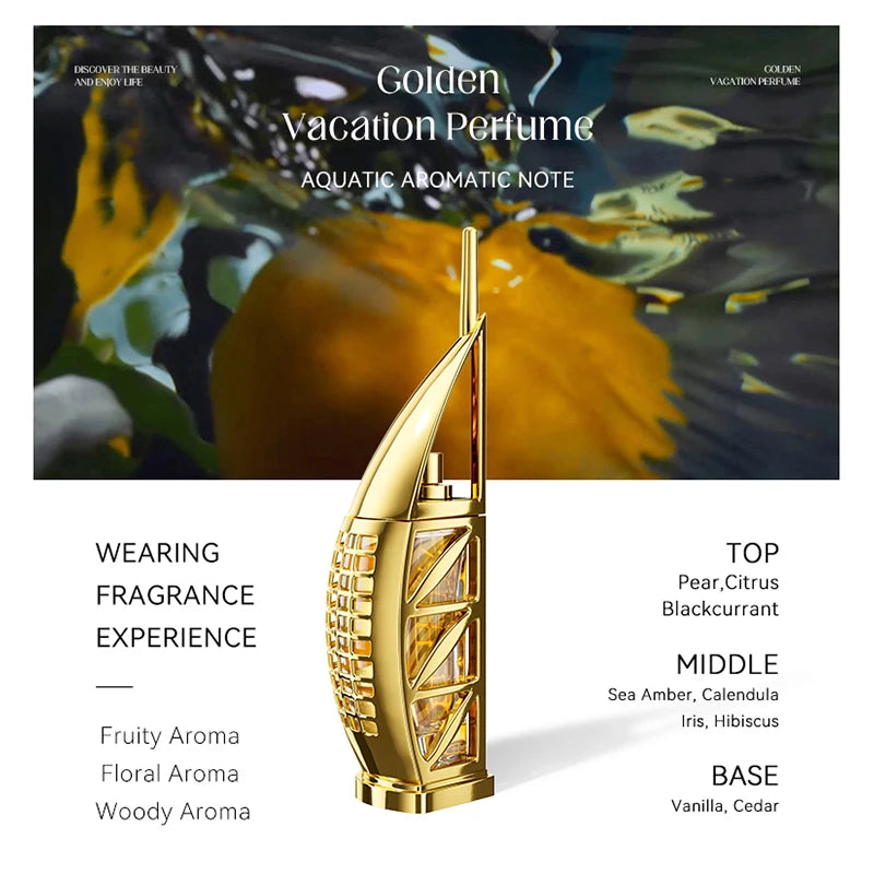 MORAKOT Golden Vacation unisex 75ml EDT. Gold Burj Al Arab bottle, aquatic floral citrus scent for men and women.
