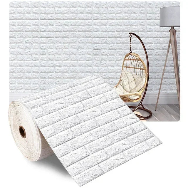 White 3D brick self-adhesive foam wallpaper roll with raised rectangular brick texture