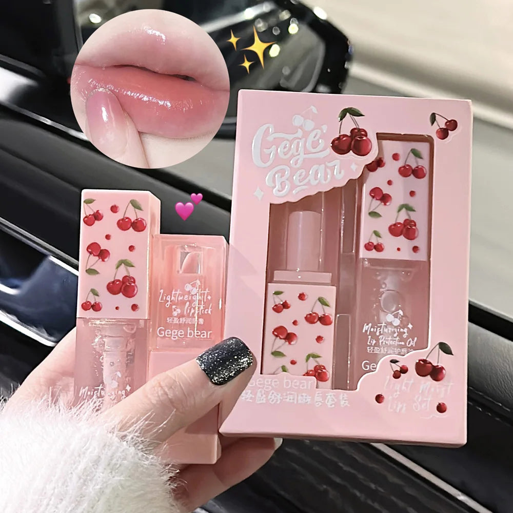 Gege Bear cherry lip balm and oil set in pink packaging for glossy, moisturizing, and tender lip makeup.