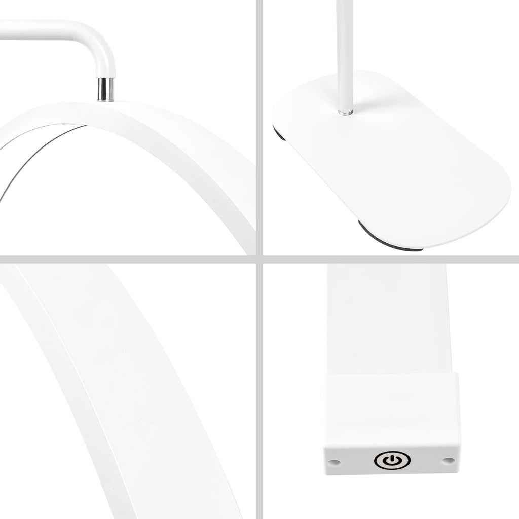 White metal desk lamp with arched light head, rectangular weighted base, and a touch-sensitive power button.