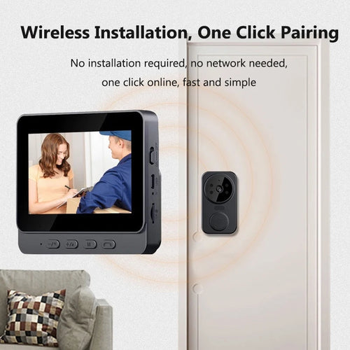 Wireless video doorbell intercom with indoor monitor showing a visitor at the door, gray.