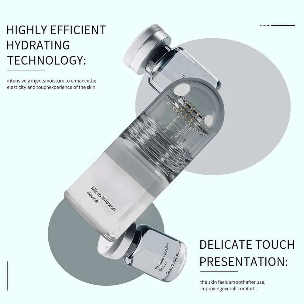 Two small, clear serum vials and a larger clear and white micro-infusion device arranged on a light blue background.