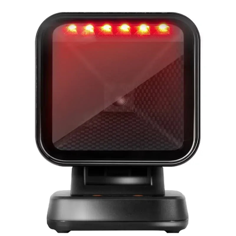 Desktop 2D barcode scanner with red scan light on black handheld housing