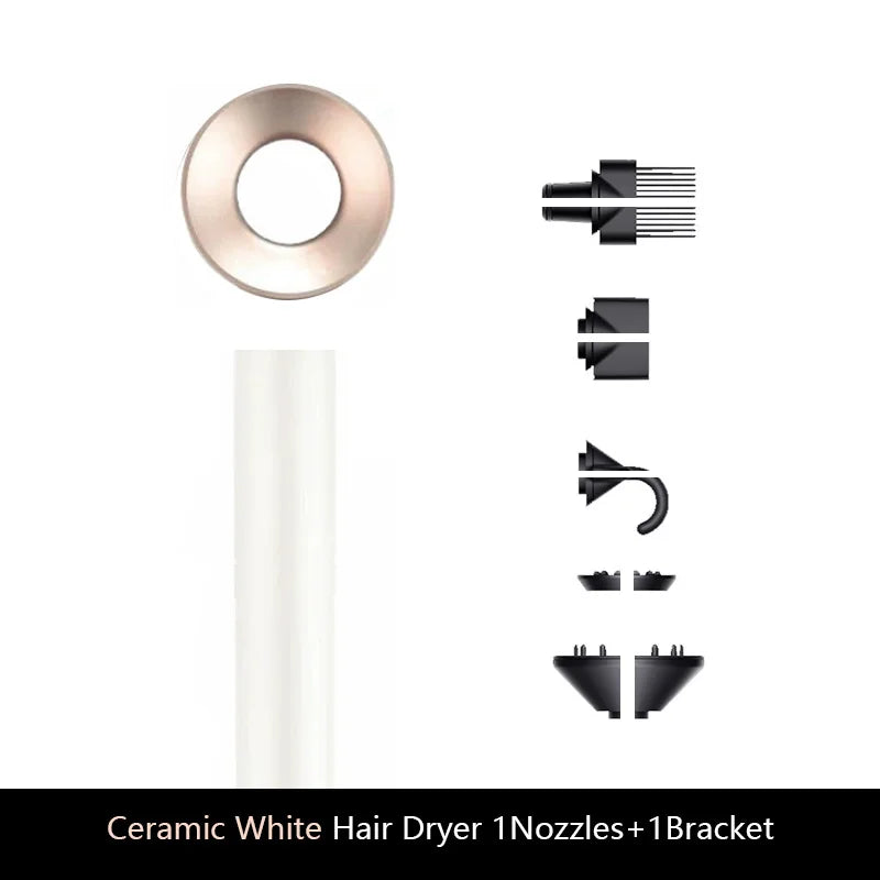 White ionic hair dryer with rose gold head and 5 styling attachments for professional salon-quality blowouts.