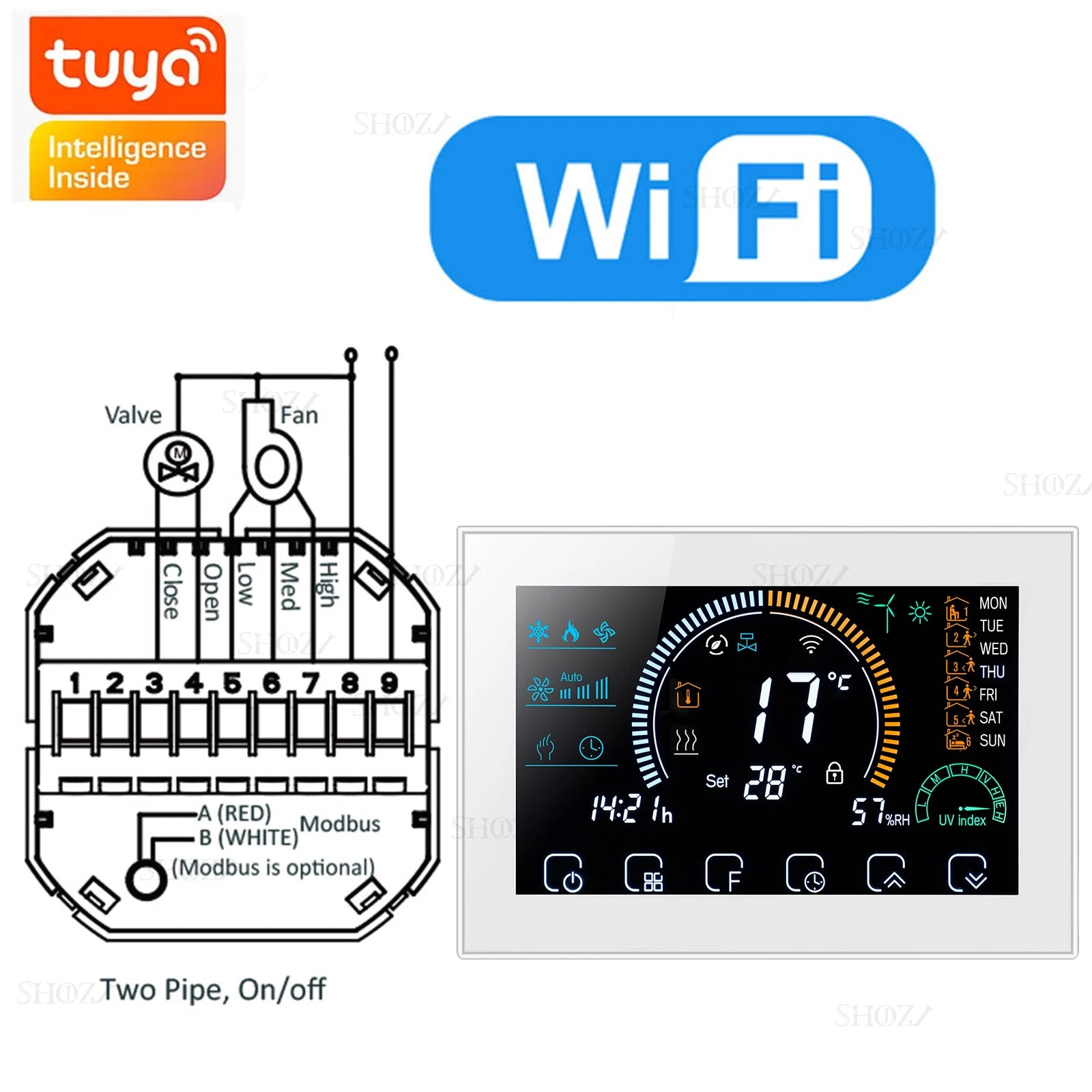 Wifi/RS485/Zigbee Thermostat Air Conditioning 3 Fan Coil Unit Home Cooling/Heating 2/4 Pipe Temperature Controller with Alexa