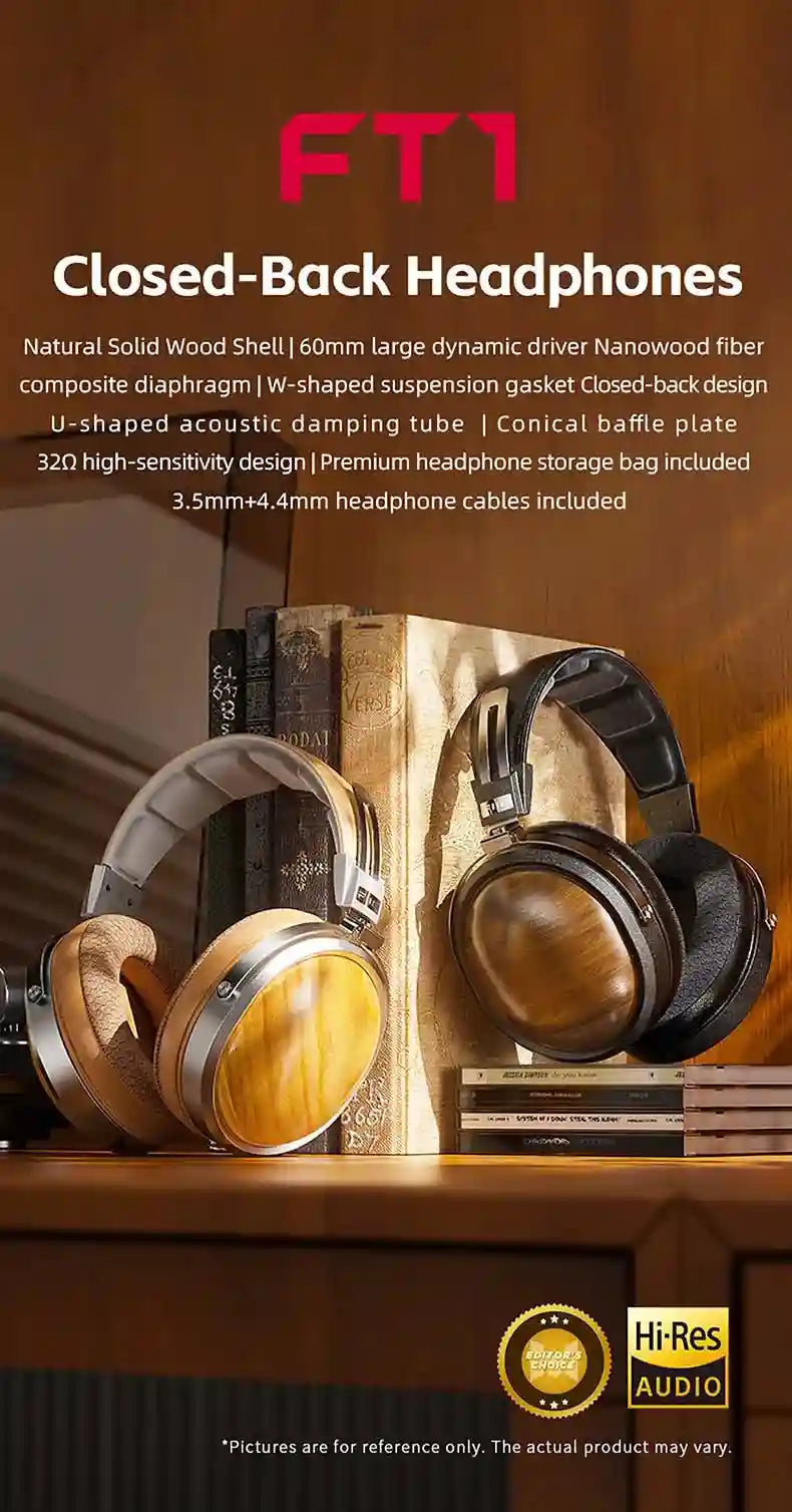 FiiO FT1 Closed-Back Over-Ear Headphones with 60mm Wood Driver Tidesmit