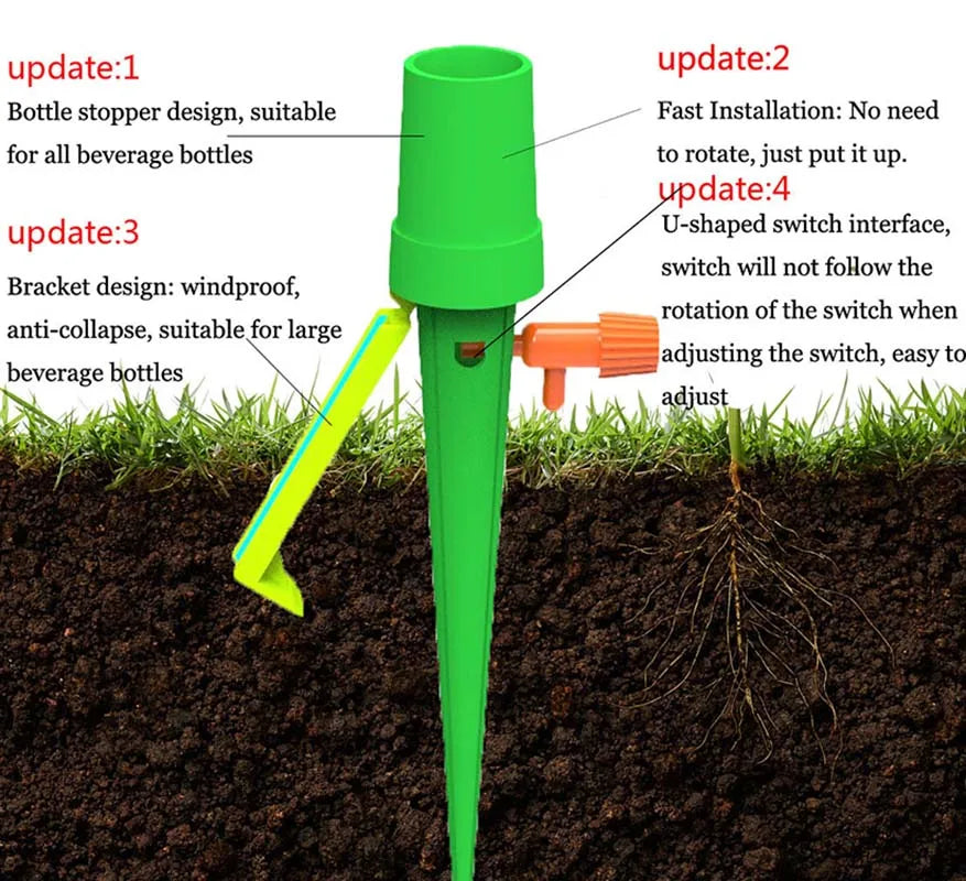 Green auto drip irrigation spike with adjustable bracket for steady garden watering
