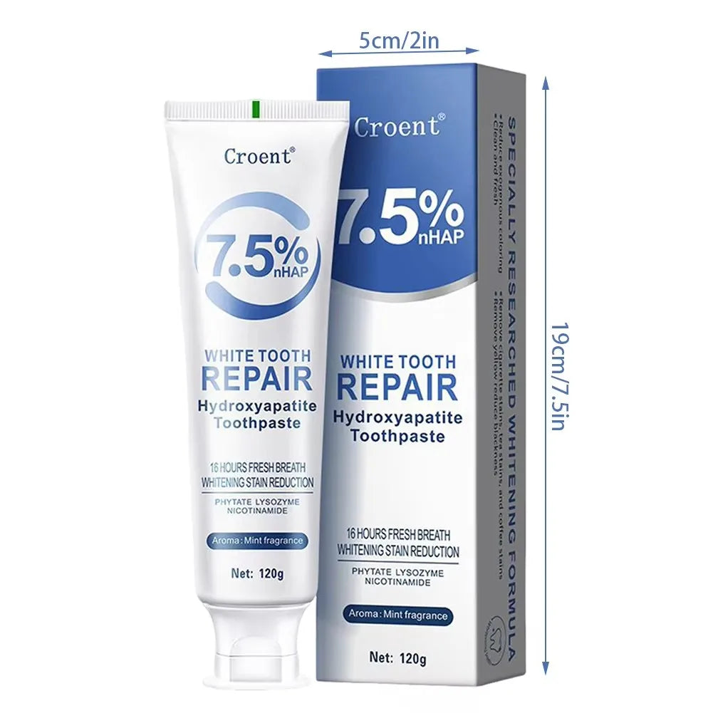 Tidesmit whitening toothpaste with hydroxyapatite for plaque removal, gum health, and fresh breath.