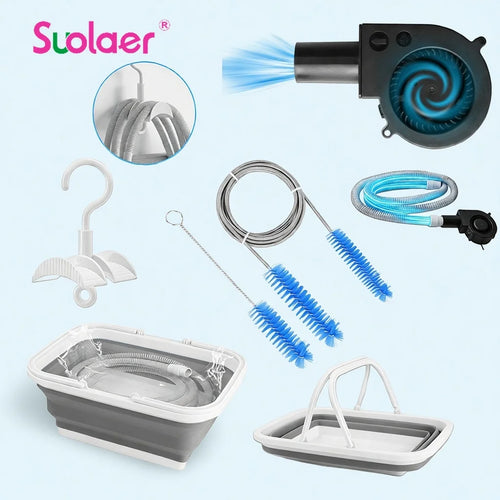 CPAP hose cleaning kit with grey folding basin, blue brushes, and hanging hook for universal sleep apnea equipment.
