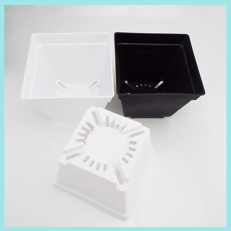 Mini plastic square planter pots, white and black, with slotted insert base