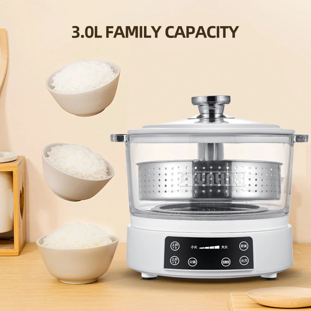 White electric rice cooker with glass lid, steaming basket, and control panel, front view.