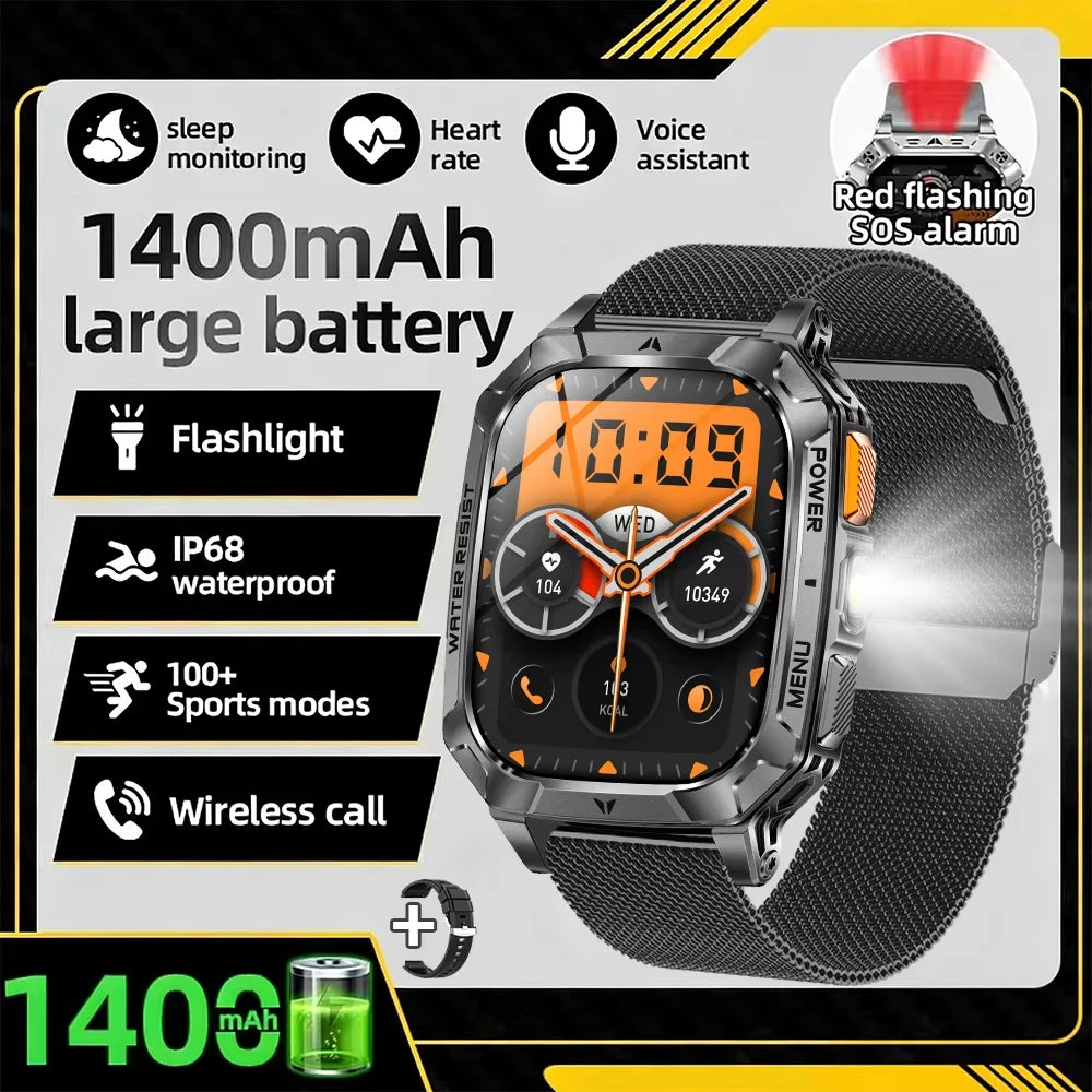 2026 New Hot flashlight Men Smartwatch Compass 1400 mAh BT call GPS fitness IP68 Waterproof Fashion Smartwatch For holiday Gifts