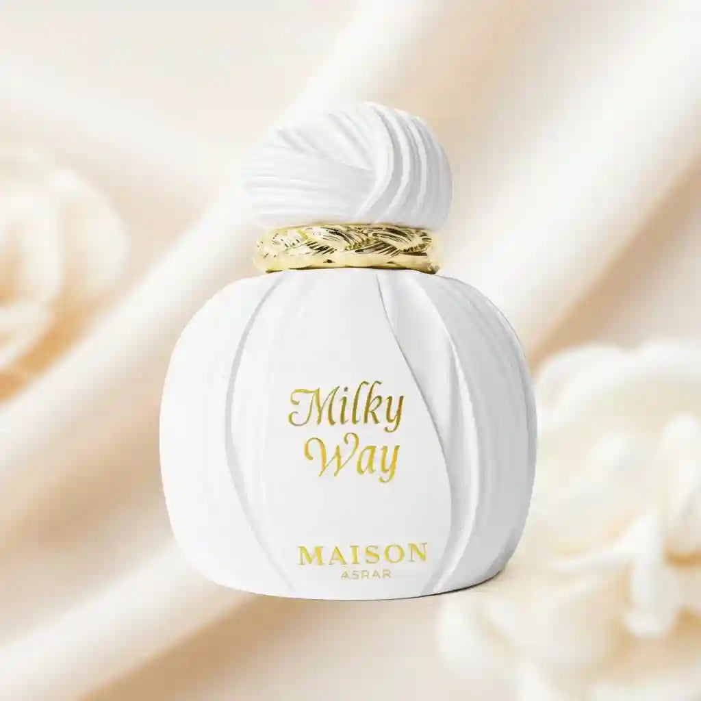 Maison Asrar Milky Way 100ml perfume for men & women. White round bottle with caramel, plum, vanilla, sandalwood scent.