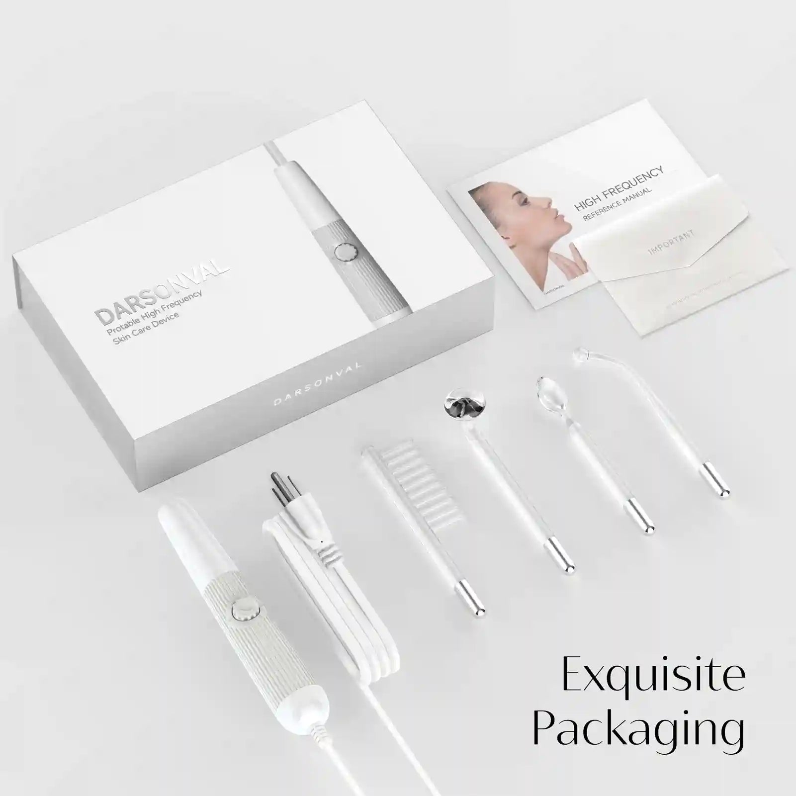 Darsonval high-frequency facial wand kit with white handle, power cord, four glass electrodes, and manual in a box.