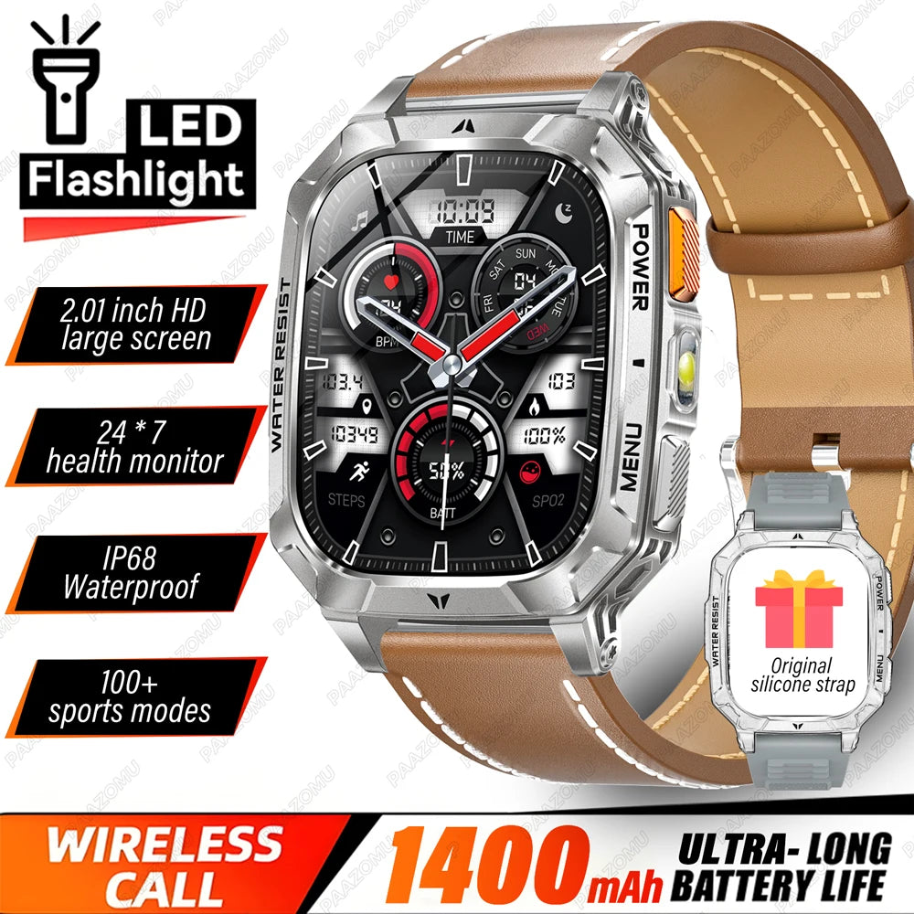 2026 New 1400mAh Big Battery Smart Watch Men Outdoor GPS Flashlight 10ATM Waterproof Bluetooth Call AMOLED HD Sports Smartwatch