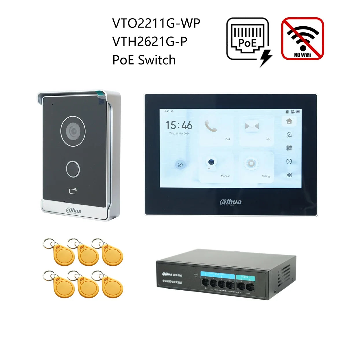 Dahua IP video intercom kit with gray door station, large indoor screen, PoE switch, RFID cards