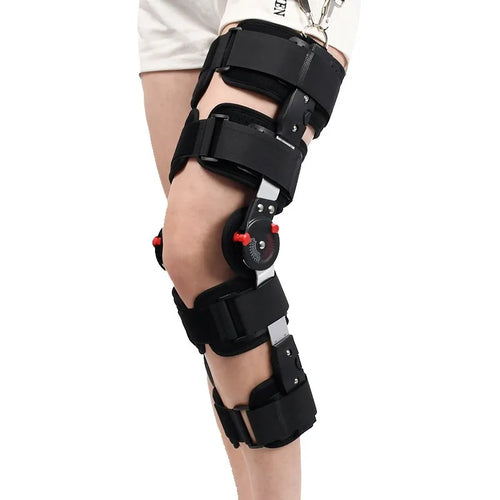 Black hinged orthopedic knee brace for pain relief and post-op support with adjustable metal stabilizer straps.
