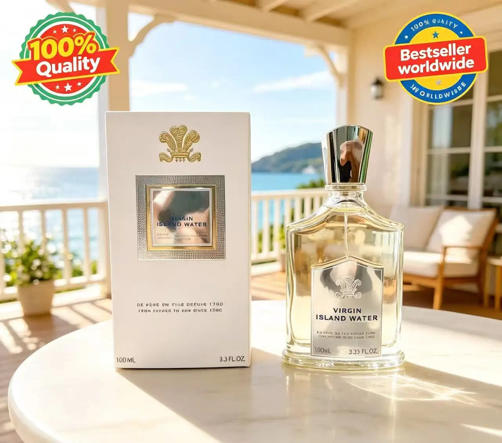 Creed Virgin Island Water unisex EDP perfume. 100ml clear glass bottle with silver cap and luxury tropical scent.