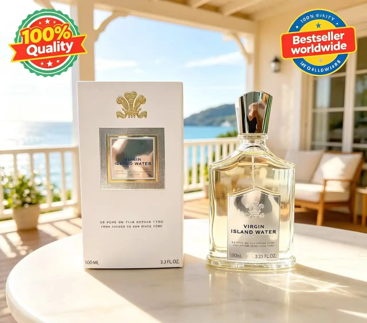 Creed Virgin Island Water unisex EDP perfume. 100ml clear glass bottle with silver cap and luxury tropical scent.