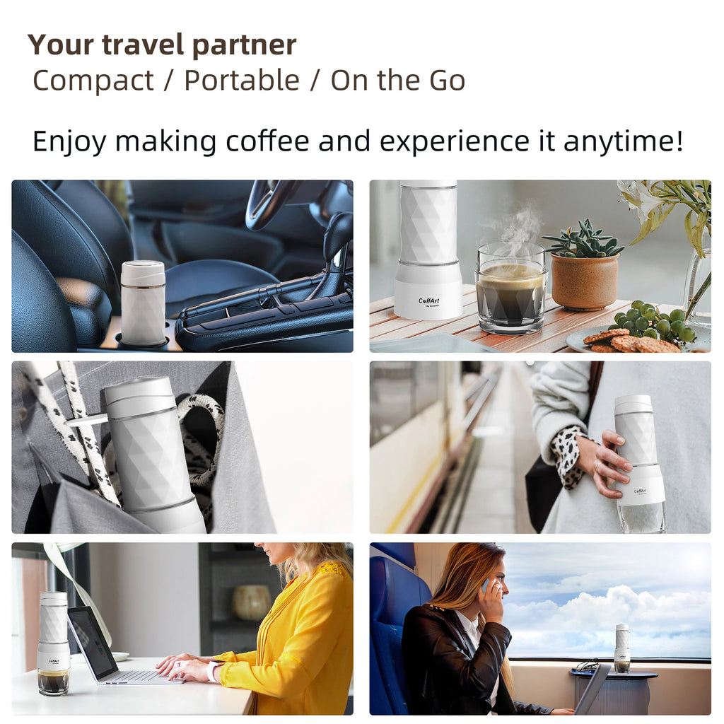 CoffArt portable white geometric travel coffee maker in various on-the-go settings like cars and offices.