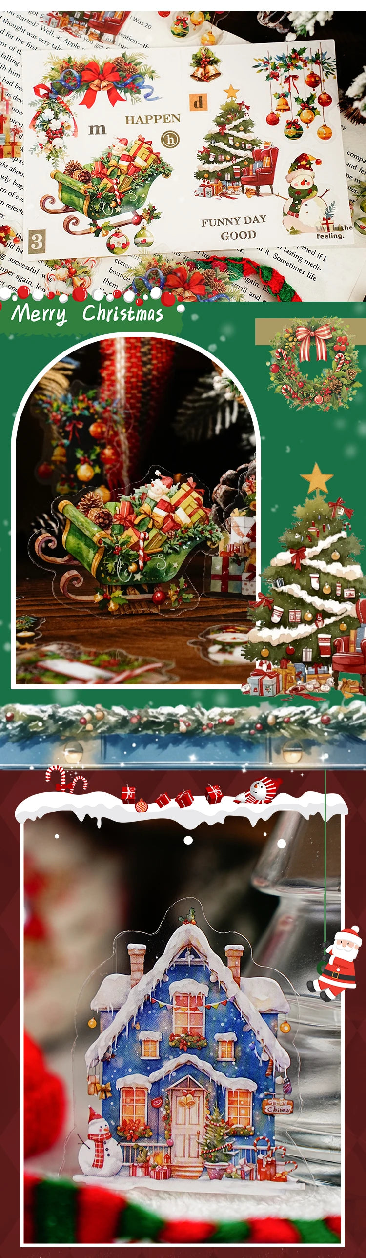 15 Sheets Christmas Theme PET Sticker Pack for Scrapbook DIY Photo Frame Collage Decor, Christmas Gift Decorative Stickers