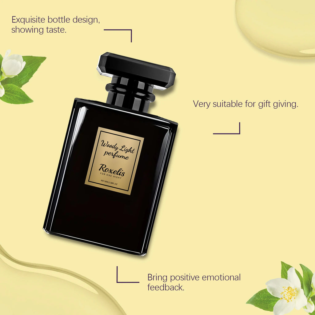 Roxelis Woody Light cologne for men in a sleek black bottle. Long-lasting, luxurious woody fragrance with floral notes.