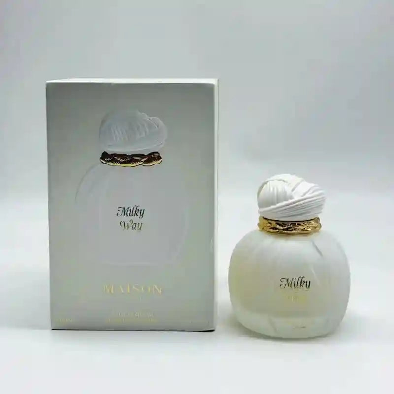 Maison Asmar Milky Way EDP 100ml: Unisex perfume with milk, caramel, plum, vanilla, tonka, sandalwood in a round bottle.