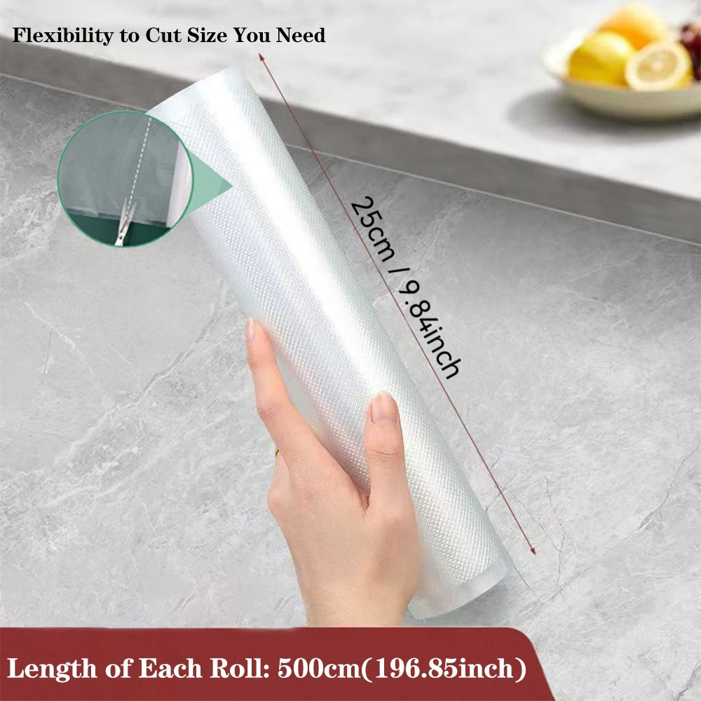 Vacuum sealer bag roll, clear/gray textured plastic, 25 cm wide, 500 cm long