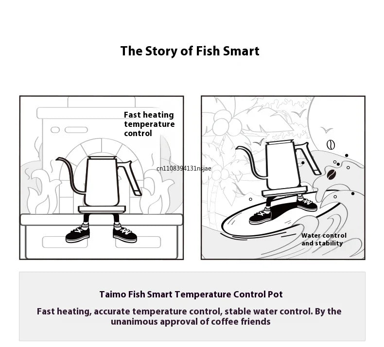 Taimo Fish Smart pour-over coffee kettle illustration showing fast heating, temperature control, and water flow.