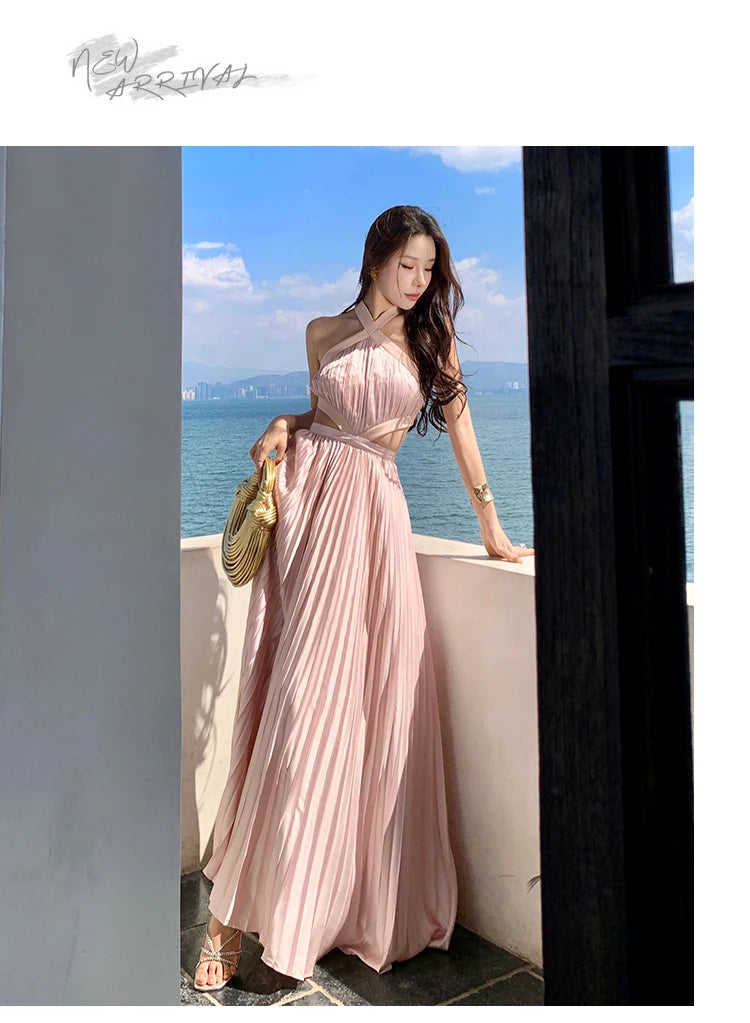 New Sexy Club Birthday Party Pleated Robe Long Dresses Women Summer Halter Neck Sleeveless Off The Shoulder Holiday Beach Dress